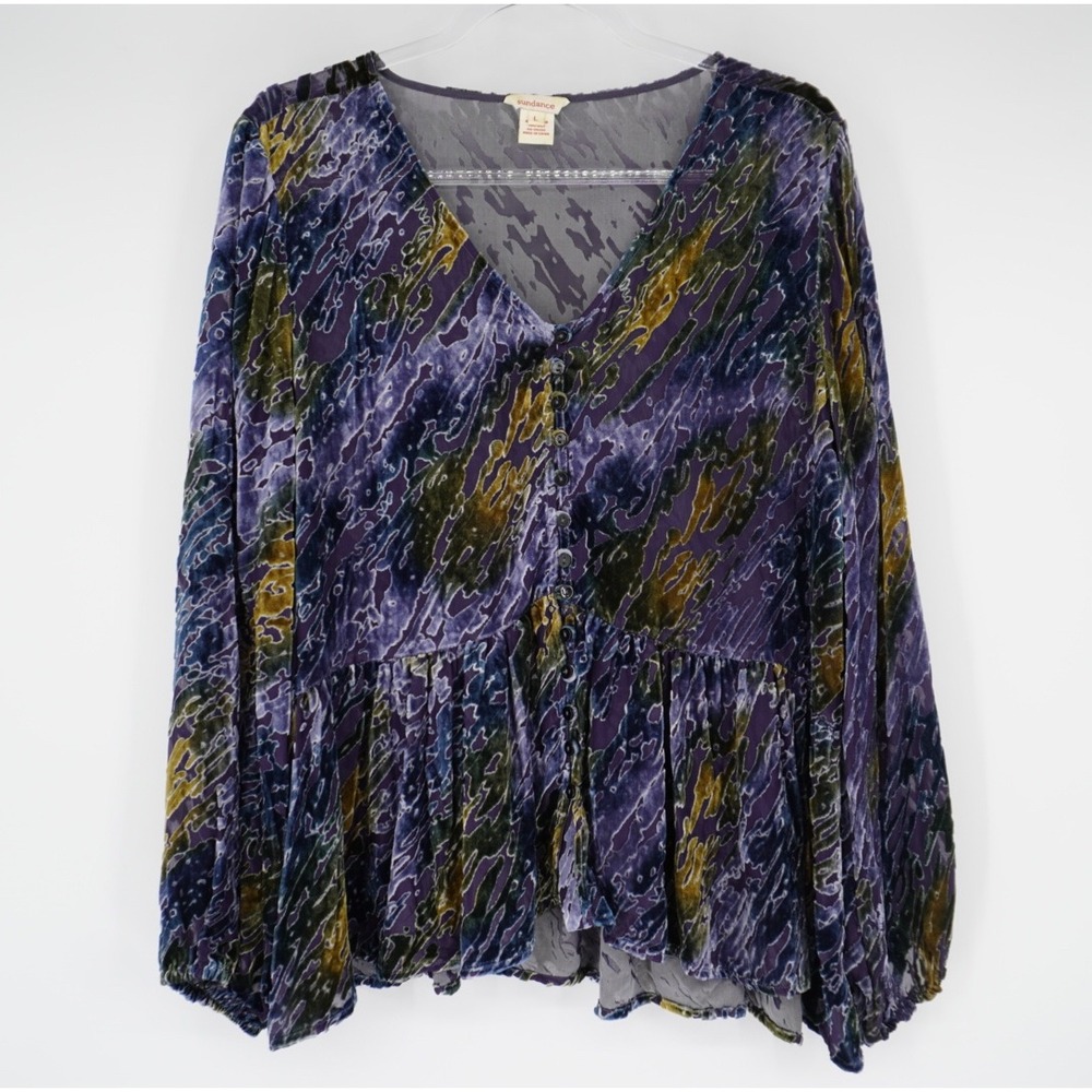 Sundance Silk Blend Burnout Velvet Peplum Blouse Purple Large Dark Whimsigoth